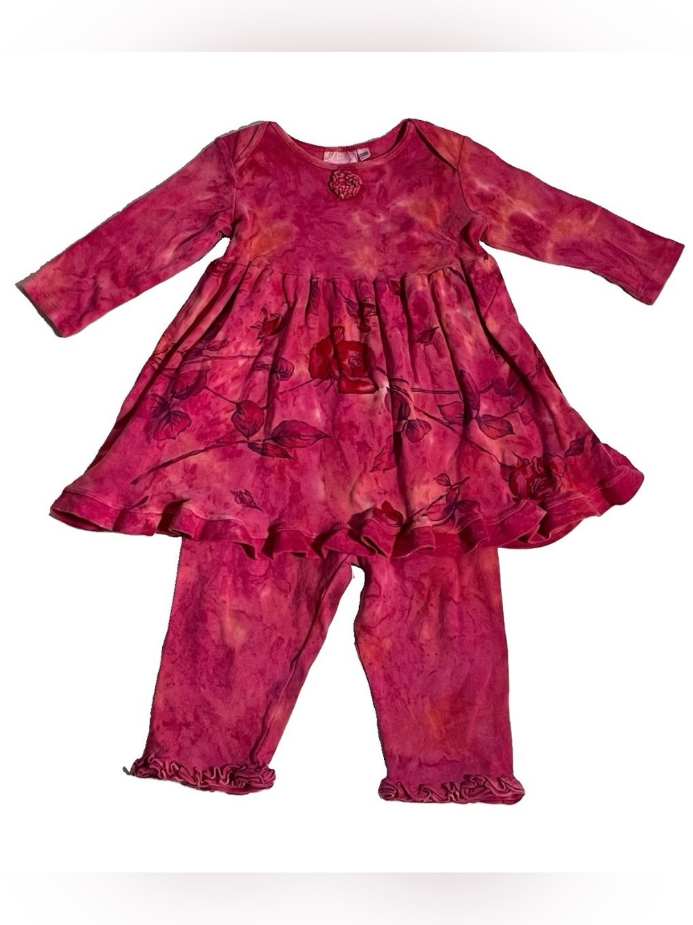 Vintage Stamp pink tie-dye baby dress & ruffle velour style pants set, 24 MO